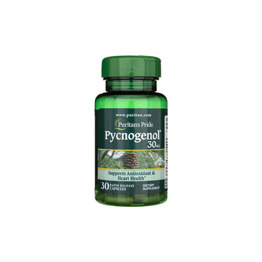 A bottle of Pycnogenol 30 mg 30 Rapid Release Capsules with French maritime pine extract from Puritan's Pride.